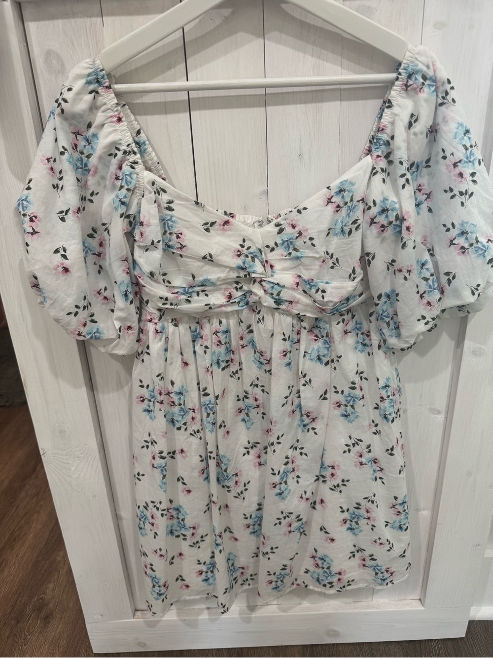 Trixxi White Floral Puff Sleeve Mini Dress with Blue & Pink Flowers